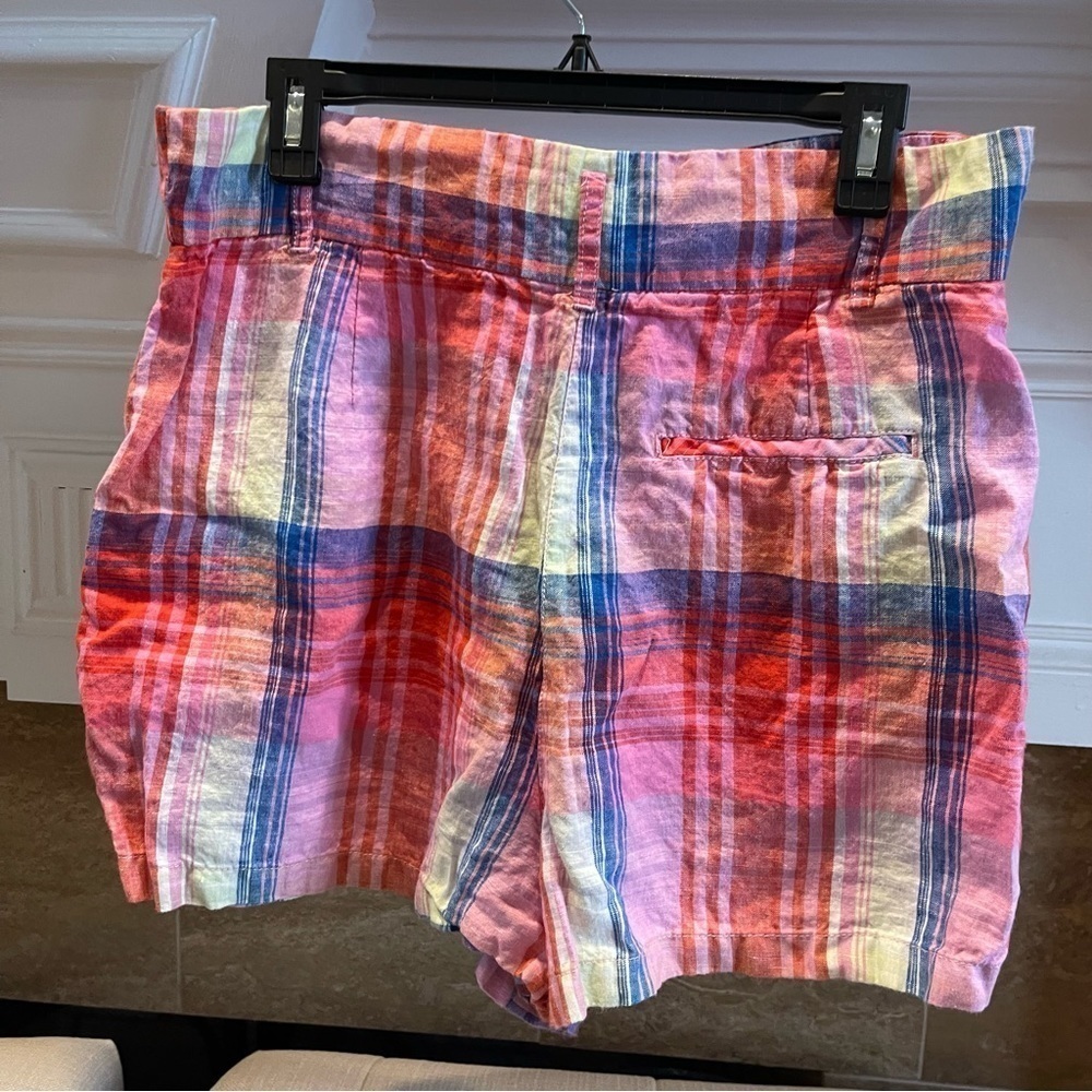 P:  C&C California 100% LINEN Shorts High Rise Plaid  Womens Sz 12 Pink Blue